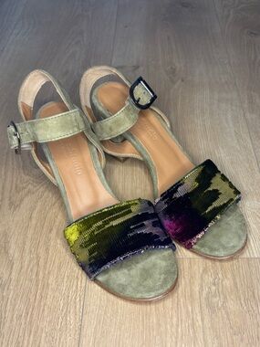 Anthropologie 7.5 Olive Suede Block Heel Sandals Multicolor Velvet Burnout Strap